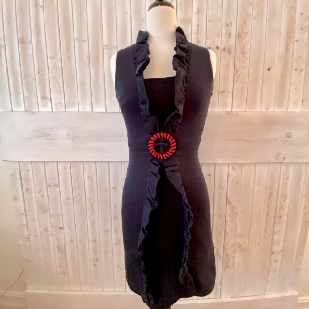 Milly navy ruffled shift dress with red buckle detailing size 2